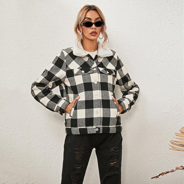 women's wool & blends casual jacket plaid furry collar full length sleeves single breasted pockets slim coats for women winter clothing, Black
women's wool & blends casual jacket plaid furry collar full length sleeves single breasted pockets slim coats for women winter clothing, Black