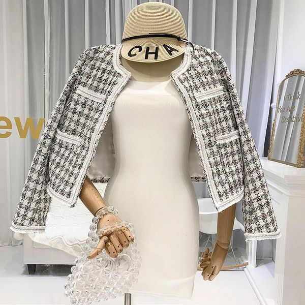 2020 summer new retro plaid elegant tweed suit short coat, Black;brown