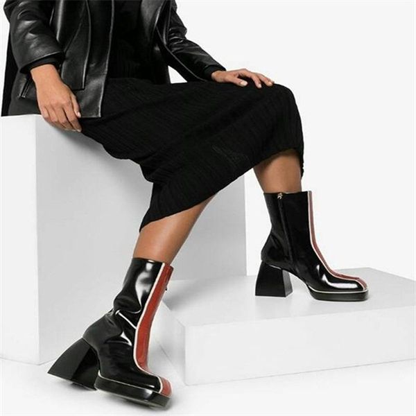 new designer women mid calf boots punk style patchwork waterproof boots pu leather high heel booties square toe pumps, Black
new designer women mid calf boots punk style patchwork waterproof boots pu leather high heel booties square toe pumps, Black