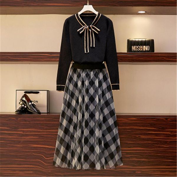 elegant two piece set women lace up bow o-neck knit sweater+ high waist plaid pleated long skirts autumn winter clothes, Gray
elegant two piece set women lace up bow o-neck knit sweater+ high waist plaid pleated long skirts autumn winter clothes, Gray