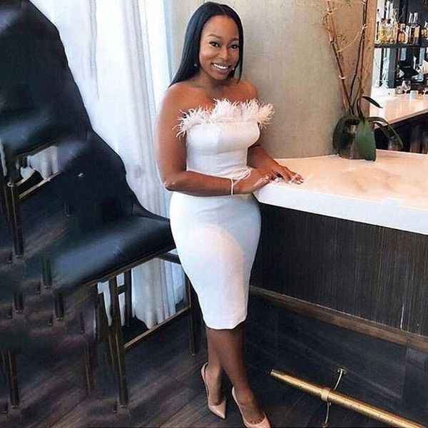 charming cocktail party dresses white tea length sheath bridesmaid dresses with feather strapless women party dresses p81, Black
charming cocktail party dresses white tea length sheath bridesmaid dresses with feather strapless women party dresses p81, Black