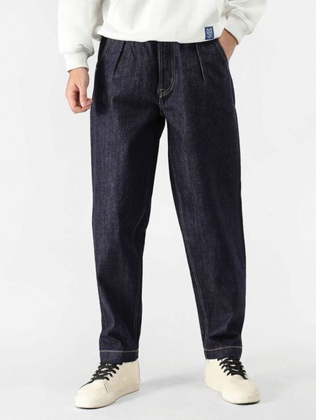 men fold pleated detail slant pocket tapered jeans 17sp#, Blue