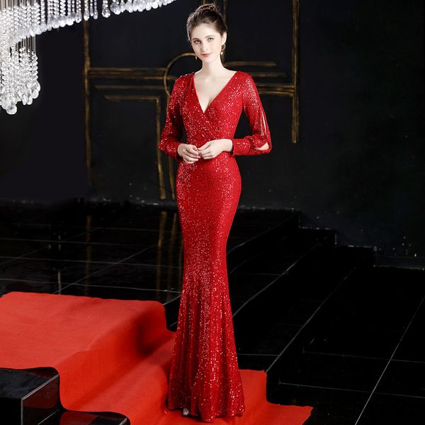 long sleeves red evening dress fitted mermaid sequin evening gown glitter deep v neck party dresses sparkle ruched formal gowns, Black;red
long sleeves red evening dress fitted mermaid sequin evening gown glitter deep v neck party dresses sparkle ruched formal gowns, Black;red