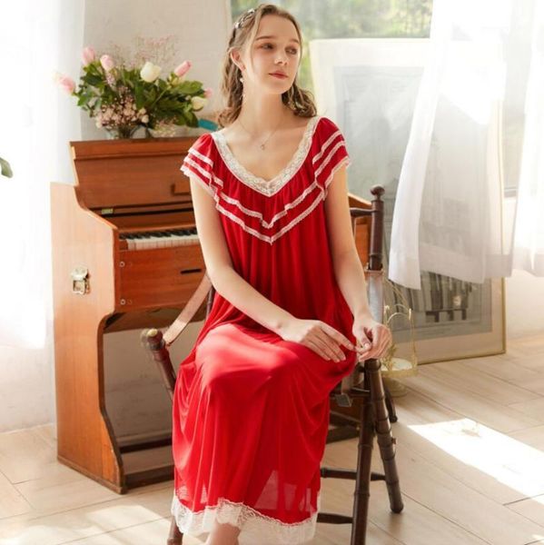 short-sleeved nightdress female summer retro style sweet modal long princess sleepwear loose home service r13691, Black;red
short-sleeved nightdress female summer retro style sweet modal long princess sleepwear loose home service r13691, Black;red