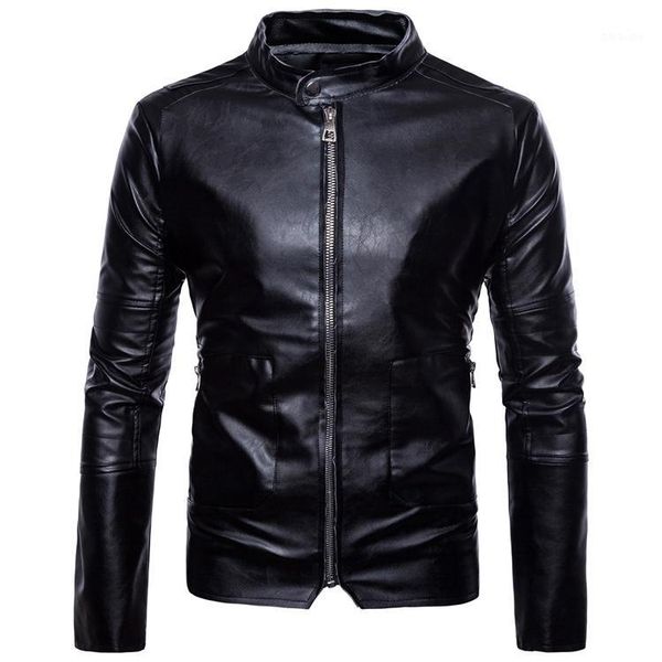 men's leather spring cuff and waist zipper coat black leather jacket1