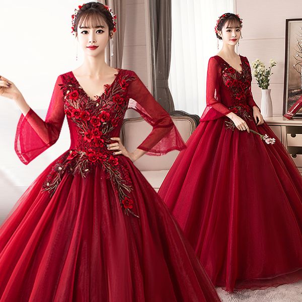 robe de soiree new wine red lace v-neck beading luxury long ball gown evening dress famous appliques flowers party formal dress, Black;red
robe de soiree new wine red lace v-neck beading luxury long ball gown evening dress famous appliques flowers party formal dress, Black;red