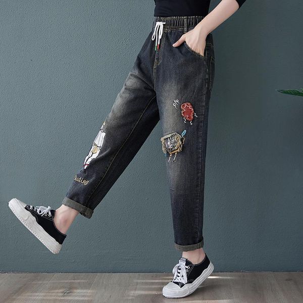 women's jeans steetwear cartoon character printed bleached woman loose drawstring elastic waist pocket patch designs denim harem pants, Blue
women's jeans steetwear cartoon character printed bleached woman loose drawstring elastic waist pocket patch designs denim harem pants, Blue