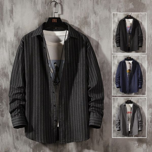 2021 spring long sleeve casual youth loose stripe lapel men's shirt coat, White;black
2021 spring long sleeve casual youth loose stripe lapel men's shirt coat, White;black