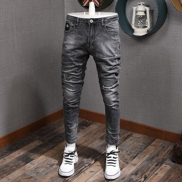 men's jeans korean style fashion vintage men gray elastic slim fit ripped denim pencil pants streetwear designer trousers, Blue
men's jeans korean style fashion vintage men gray elastic slim fit ripped denim pencil pants streetwear designer trousers, Blue