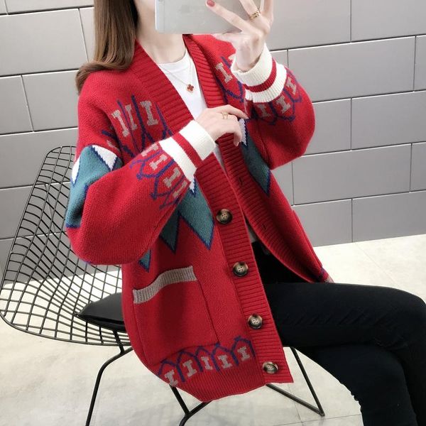 women's knits & tees fashion all-match v-neck jacquard knitted cardigan women lazy style loose long sleeved outerwear coat, White
women's knits & tees fashion all-match v-neck jacquard knitted cardigan women lazy style loose long sleeved outerwear coat, White