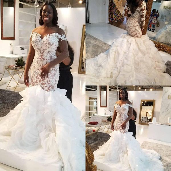 gorgeous long sleeves wedding dresses mermaid lace applique ruffles sweep train african plus size wedding gown vestido de novia, White
gorgeous long sleeves wedding dresses mermaid lace applique ruffles sweep train african plus size wedding gown vestido de novia, White