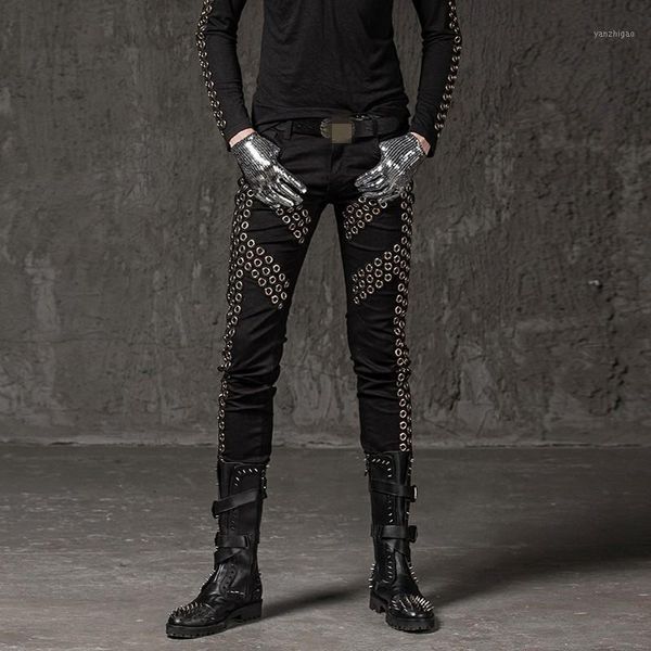 2020 winter new casual men pencil trousers fashion solid rivet elastic pants punk style slim fit hip hop street dance pants1, Black