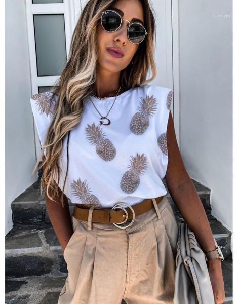 women summer sleeveless shoulder pad cotton t-shirt crew neck print casual loose shirt 1, White
women summer sleeveless shoulder pad cotton t-shirt crew neck print casual loose shirt 1, White