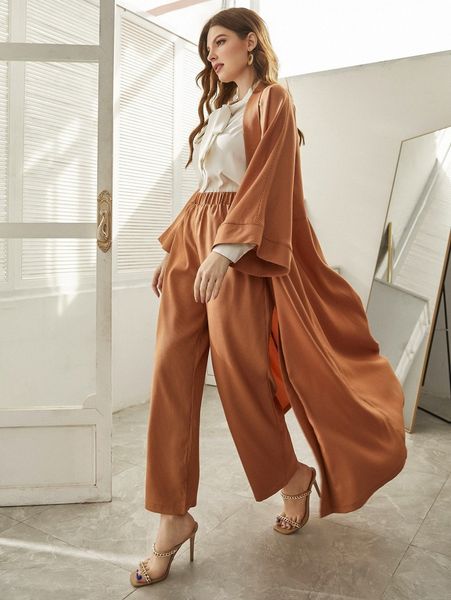 striped print trumpet sleeve coat & wide leg pants 5091#, White