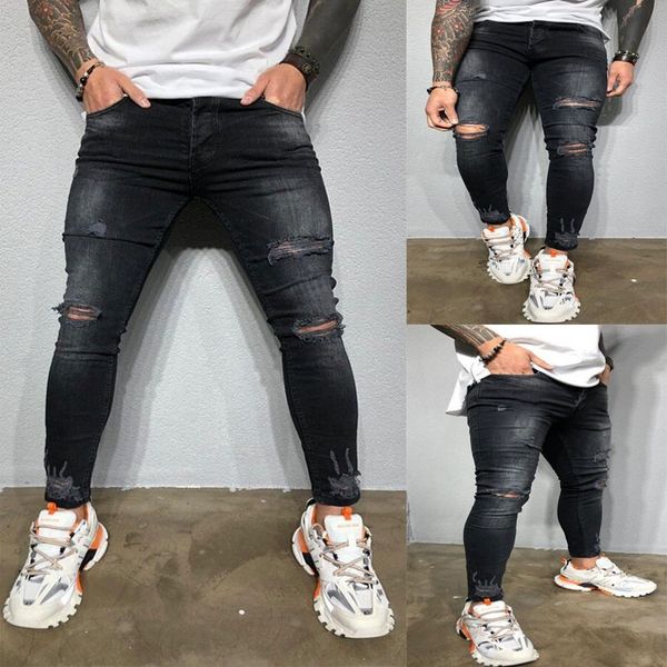 2020 men's perforated black tear stretch men's new jeans and jeans jxqdv, Blue