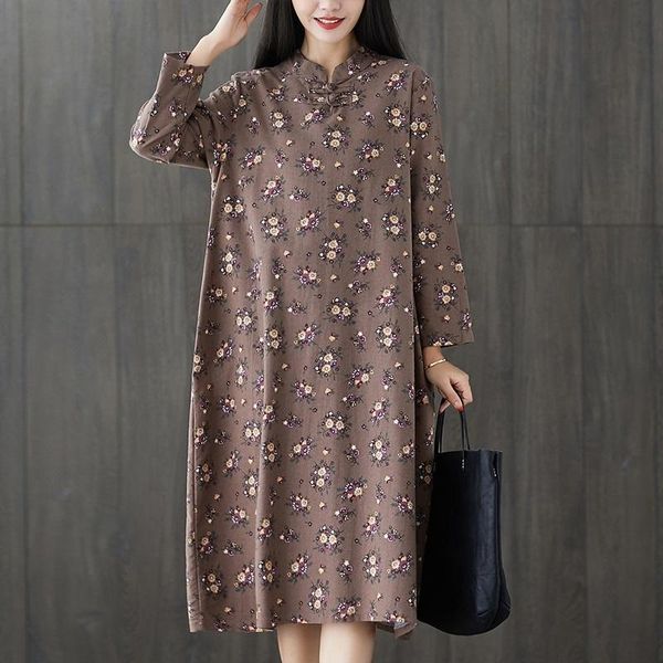 floral cotton and linen plus size retro mid-length dress, Black;pink