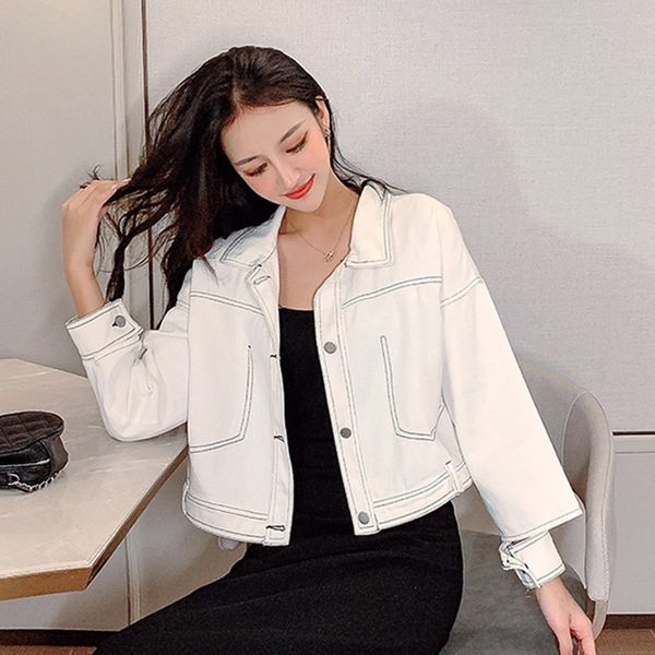 spring short denim women's jacket long sleeve casual vintage jeans jackets korean style streetwear ladies outwear white 201017, Black;brown
spring short denim women's jacket long sleeve casual vintage jeans jackets korean style streetwear ladies outwear white 201017, Black;brown