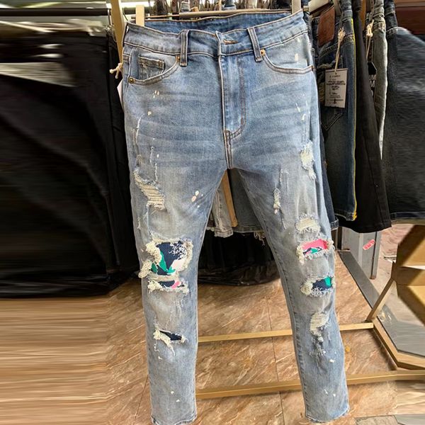 men's tight jeans, light blue wash stickers, hip hop