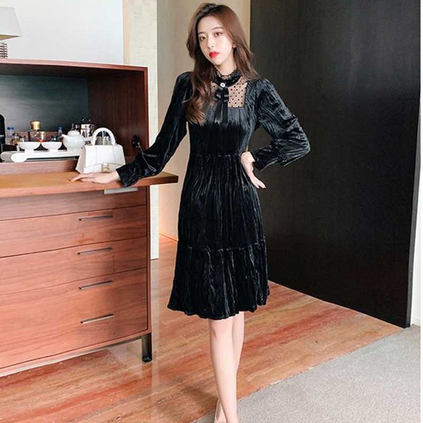 2021 new arrival korean women full sleeve long velvet lace bowknot dress elegant female vintage solid autumn vestidos, Black;gray
2021 new arrival korean women full sleeve long velvet lace bowknot dress elegant female vintage solid autumn vestidos, Black;gray