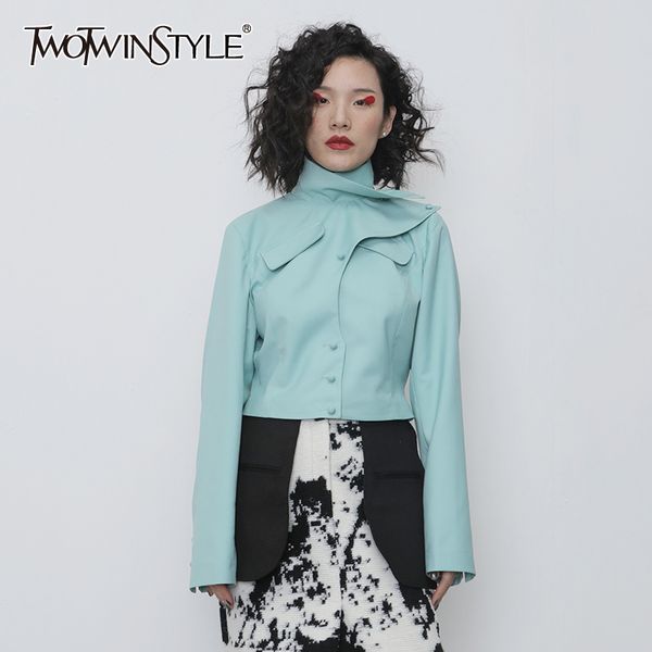 twotwinstyle asymmetrical pu leather women jacket turtleneck long sleeve slim irregular coat female fashion spring clothing 201029, Black;brown
twotwinstyle asymmetrical pu leather women jacket turtleneck long sleeve slim irregular coat female fashion spring clothing 201029, Black;brown