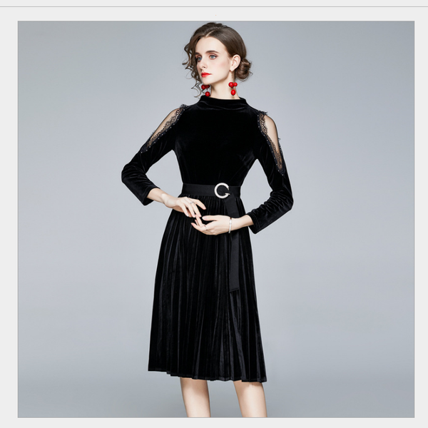women's autumn and winter new style retro mesh stitching long-sleeved black dress women casual black with belt, Black;gray
women's autumn and winter new style retro mesh stitching long-sleeved black dress women casual black with belt, Black;gray
