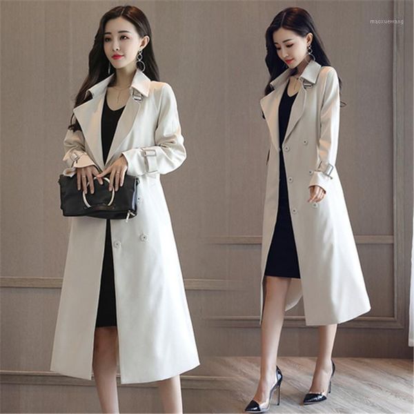 2019 spring women's slim long double-breasted windbreaker jacket female1, Tan;black
2019 spring women's slim long double-breasted windbreaker jacket female1, Tan;black