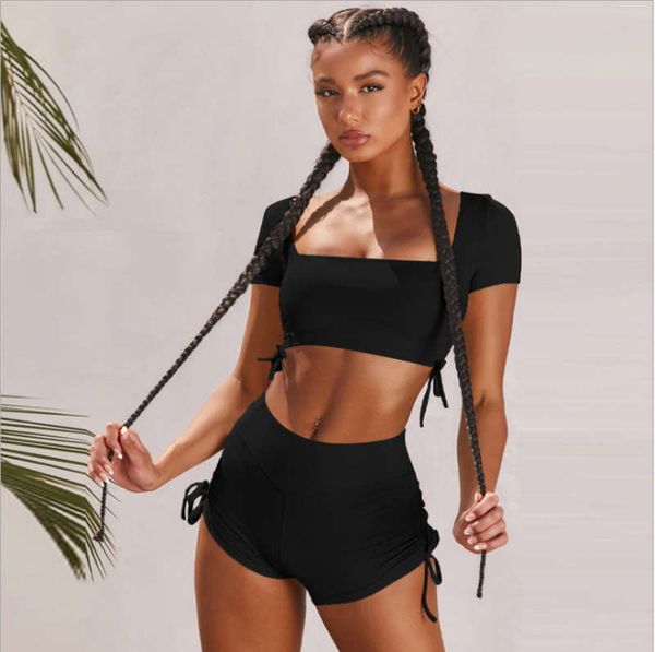 summer 2020 new women's square neck short sleeve open back sports suit, Gray 
summer 2020 new women's square neck short sleeve open back sports suit, Gray