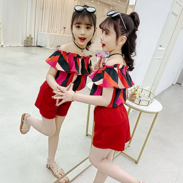 summer teen girls clothing set 2020 children off shoulder short pants 2pcs kids outfits girl red clothes for 4 8 12 13 year1, White