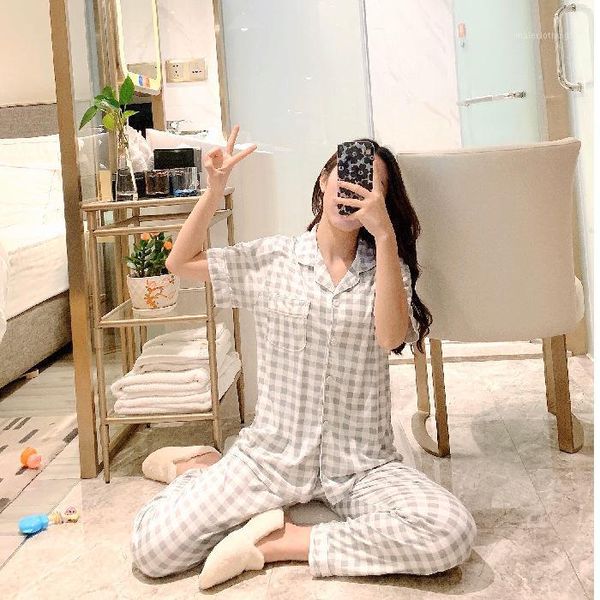 women's sleepwear summer women pajamas sets turn-down collar with pocket pyjama cardigan small plaid leisure wear cute cartoon pants pi, Black;red
women's sleepwear summer women pajamas sets turn-down collar with pocket pyjama cardigan small plaid leisure wear cute cartoon pants pi, Black;red