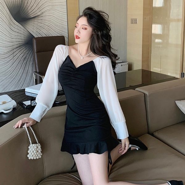#5477 black with white chiffon long sleeved mini dress v neck short party dress ladies ruffles slim bodycon dress spring y0118, Black;gray
#5477 black with white chiffon long sleeved mini dress v neck short party dress ladies ruffles slim bodycon dress spring y0118, Black;gray