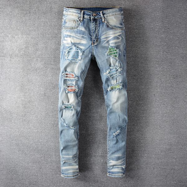 2021 new american streetwear fashion light blue destroyed ripped men pants slim fit patches designer hip hop jeans homme qj5r
2021 new american streetwear fashion light blue destroyed ripped men pants slim fit patches designer hip hop jeans homme qj5r