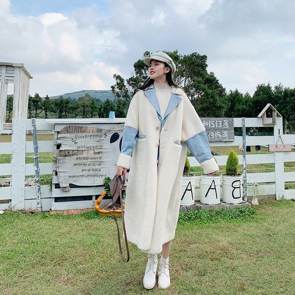 design sense denim stitching lamb wool coat 2020 winter new fashionable quality warm women's retro style loose long coat lj201106, Black
design sense denim stitching lamb wool coat 2020 winter new fashionable quality warm women's retro style loose long coat lj201106, Black