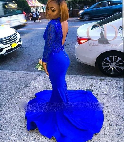 elegant royal blue african prom dresses with long sleeve high neck backless satin long evening dress lace formal gowns, Black
elegant royal blue african prom dresses with long sleeve high neck backless satin long evening dress lace formal gowns, Black
