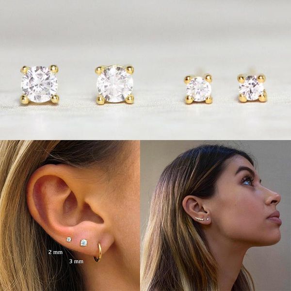 stud 1 pair female crystal white zircon earrings simple 925 sterling silver four claw for women vintage a30, Golden;silver 
stud 1 pair female crystal white zircon earrings simple 925 sterling silver four claw for women vintage a30, Golden;silver