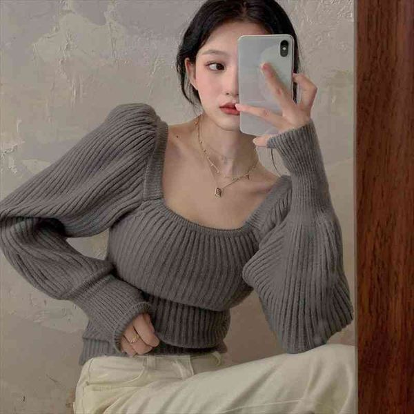 vintage sweater square collar solid winter puff sleeve pullover for women slim korean fashion clothing knitted sweater, White;black
vintage sweater square collar solid winter puff sleeve pullover for women slim korean fashion clothing knitted sweater, White;black