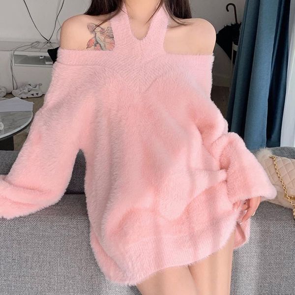halter off shoulder women sweater and pullovers solid white loose mohair thicken warm female pulls outwear, White;black
halter off shoulder women sweater and pullovers solid white loose mohair thicken warm female pulls outwear, White;black