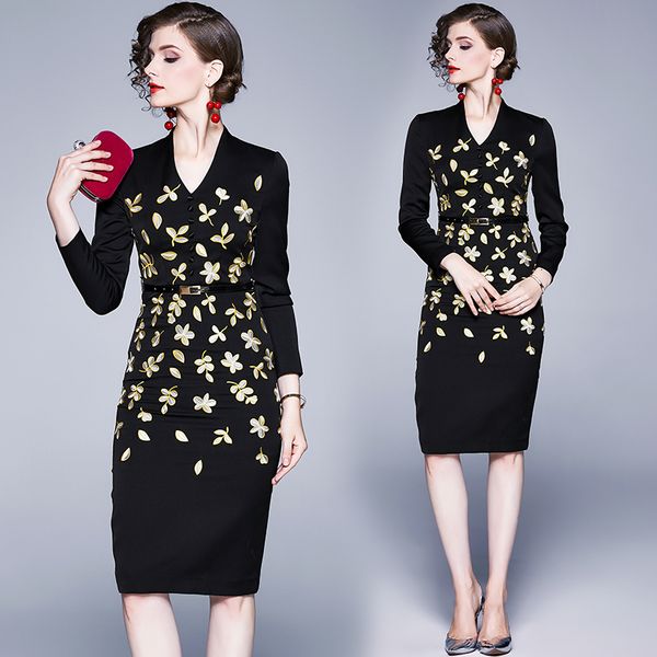 women with v-embroidered cleavage dress fall belt long sleeve thin business party ladies work wear clothes kx82, Black;gray
women with v-embroidered cleavage dress fall belt long sleeve thin business party ladies work wear clothes kx82, Black;gray