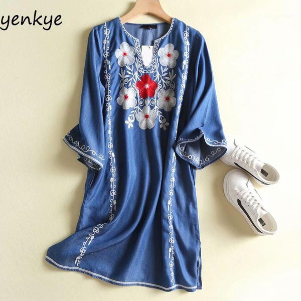 floral embroidery dress women round neck three-quarter sleeve vintage blue denim dress female plus size casual summer1, Black;gray
floral embroidery dress women round neck three-quarter sleeve vintage blue denim dress female plus size casual summer1, Black;gray