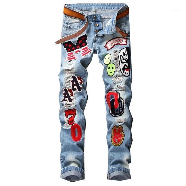 new men's male badge patches buttons slim jeans trendy light blue holes ripped distressed denim straight pants trousers1
new men's male badge patches buttons slim jeans trendy light blue holes ripped distressed denim straight pants trousers1