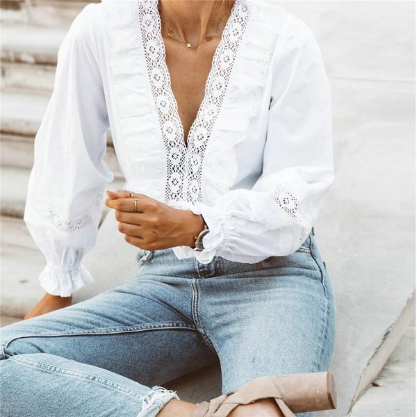 women's blouses & shirts women ruffles v-neck casual lace patchwork blouse long sleeve loose office ladies work shirt, White
women's blouses & shirts women ruffles v-neck casual lace patchwork blouse long sleeve loose office ladies work shirt, White