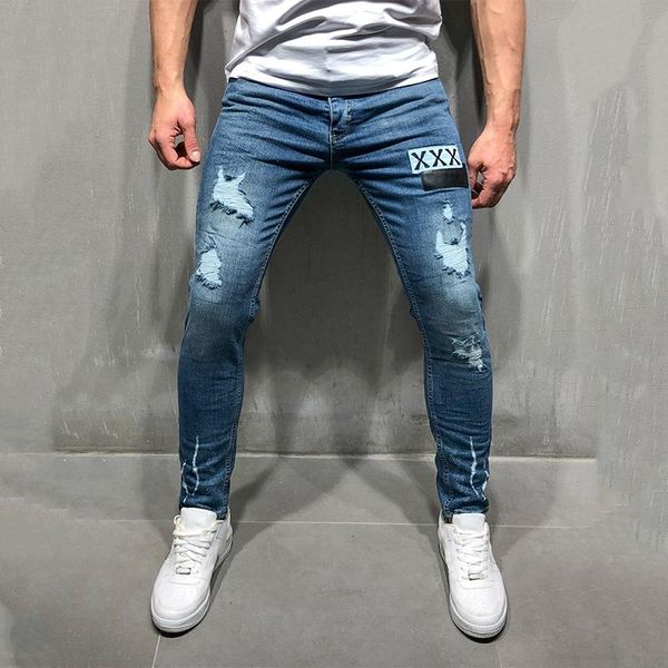 men's jeans sknny men clothing fashion hole straight leg skinny ripped denim pants casual trousers, Blue
men's jeans sknny men clothing fashion hole straight leg skinny ripped denim pants casual trousers, Blue