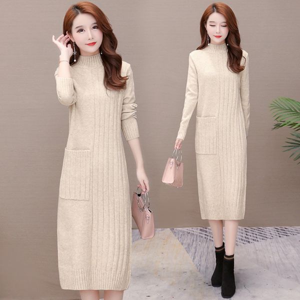 with coat woolwool coat bottoming skirt wool skirt autumn winter 2020 new korean high collar loose medium length knitting dress for women 2v, Black;gray 
with coat woolwool coat bottoming skirt wool skirt autumn winter 2020 new korean high collar loose medium length knitting dress for women 2v, Black;gray