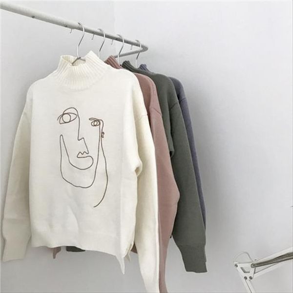 character embroidered sweater woman high collar long sleeve knit wool pullover spring and autumn 2019 drop shipping, White;black
character embroidered sweater woman high collar long sleeve knit wool pullover spring and autumn 2019 drop shipping, White;black