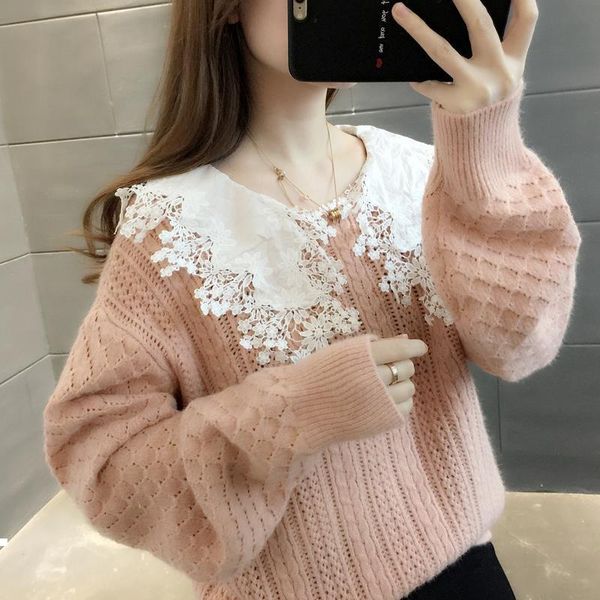 new spring 2021 women's blouses fashion lets off wear all game lace doll neck knitted sweater y525 9sl7, White;black
new spring 2021 women's blouses fashion lets off wear all game lace doll neck knitted sweater y525 9sl7, White;black