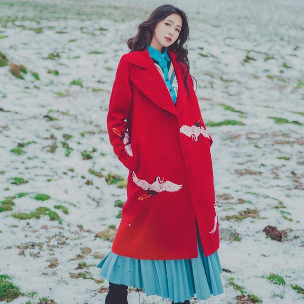 2020 winter new style lapel woolen coat female large size loose long national style embroidery women's wool coat red, Black
2020 winter new style lapel woolen coat female large size loose long national style embroidery women's wool coat red, Black