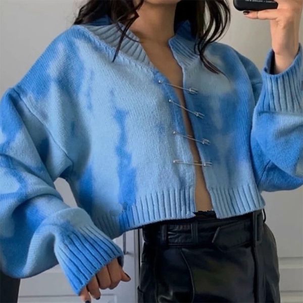 women long sleeve tie-dye sweater coat safety pin open front knitted cardigan v-neck oversized loose outwear crop h1211, White;black 
women long sleeve tie-dye sweater coat safety pin open front knitted cardigan v-neck oversized loose outwear crop h1211, White;black