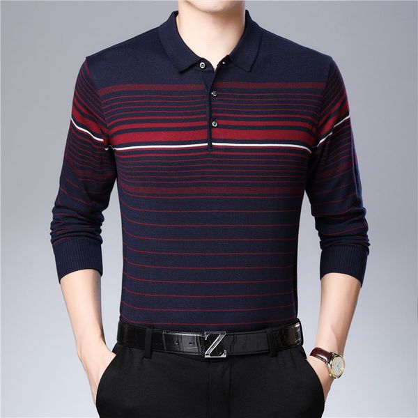 coodrony striped sweater men business casual turn-down collar pull homme autumn winter knitwear pullover shirt men clothes c1085, White;black