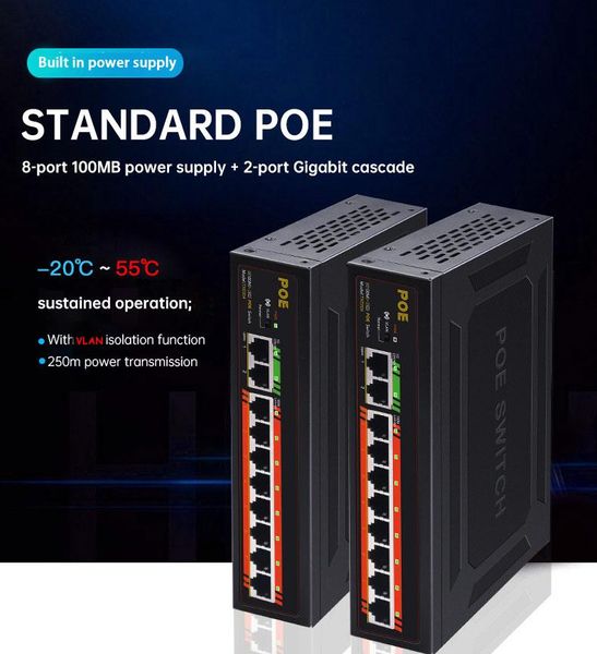 network switches 10-port poe switch 8-port 100m+2 gigabit uplinks with internal power 120w vlan 250m for monitor camera supply
network switches 10-port poe switch 8-port 100m+2 gigabit uplinks with internal power 120w vlan 250m for monitor camera supply