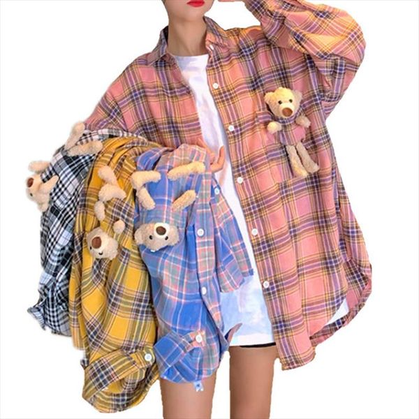 women blouses turn down collar autumn shirts plaid bear toy in pocket all match blusas loose outwear harajuku casual streetwear, White
women blouses turn down collar autumn shirts plaid bear toy in pocket all match blusas loose outwear harajuku casual streetwear, White
