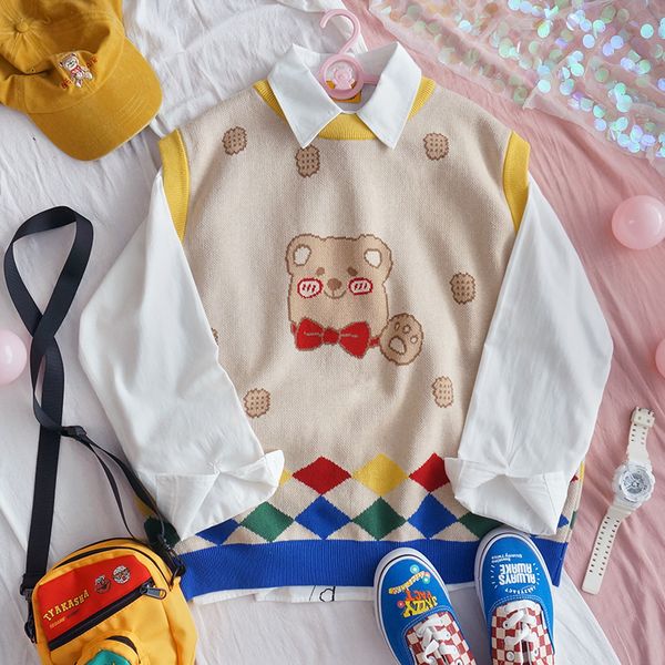 japanese biscuit bear jacquard vest sweater girls sleeveless round neck loose soft sister coat teenage heart wild mori girl 1023, Black;white
japanese biscuit bear jacquard vest sweater girls sleeveless round neck loose soft sister coat teenage heart wild mori girl 1023, Black;white